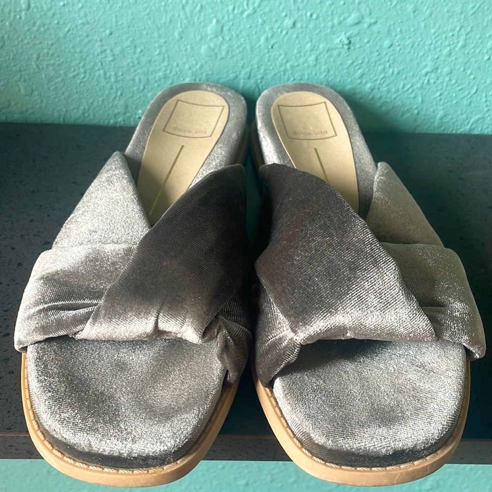 Gray velvet Dolce Vita velvet sandals